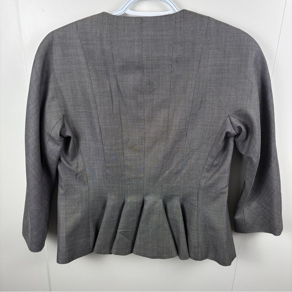 Marlowe Wool Silk Peplum Blazer Grey Black White Italy 8 Zip Front 3/4 Sleeve - Picture 3 of 10